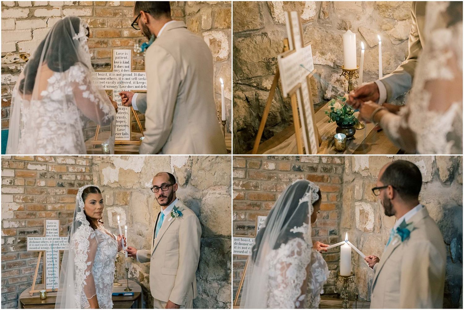 Intimate wedding ceremony moments in a historic brick-walled venue with natural lighting.