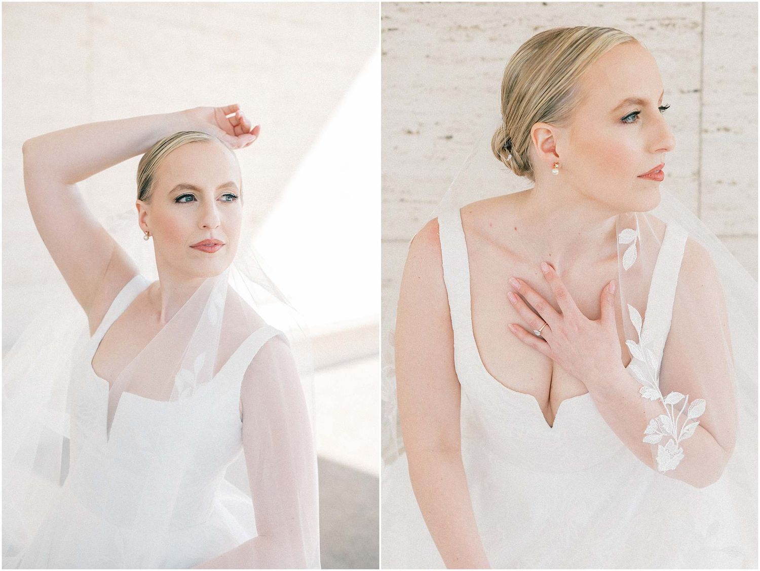 Soft and dreamy bridal portraits showcasing elegant poses and delicate wedding attire.