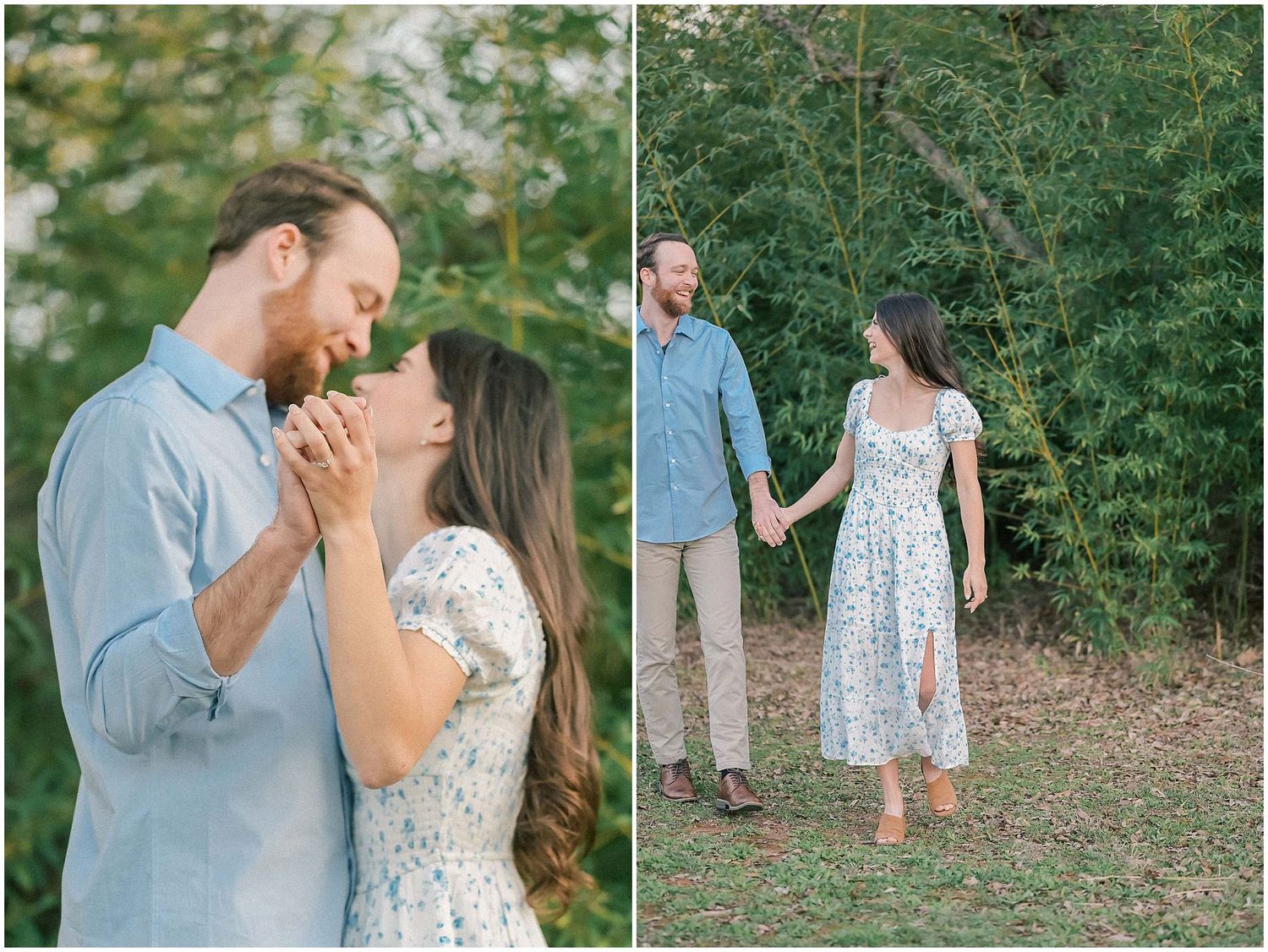 A romantic couple in blue and white outfits share tender moments during an outdoor photo session in a lush garden setting.