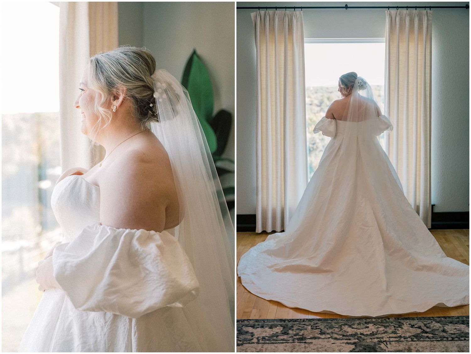 A sequence of dreamy bridal portraits by a window with soft natural light filtering through sheer curtains.