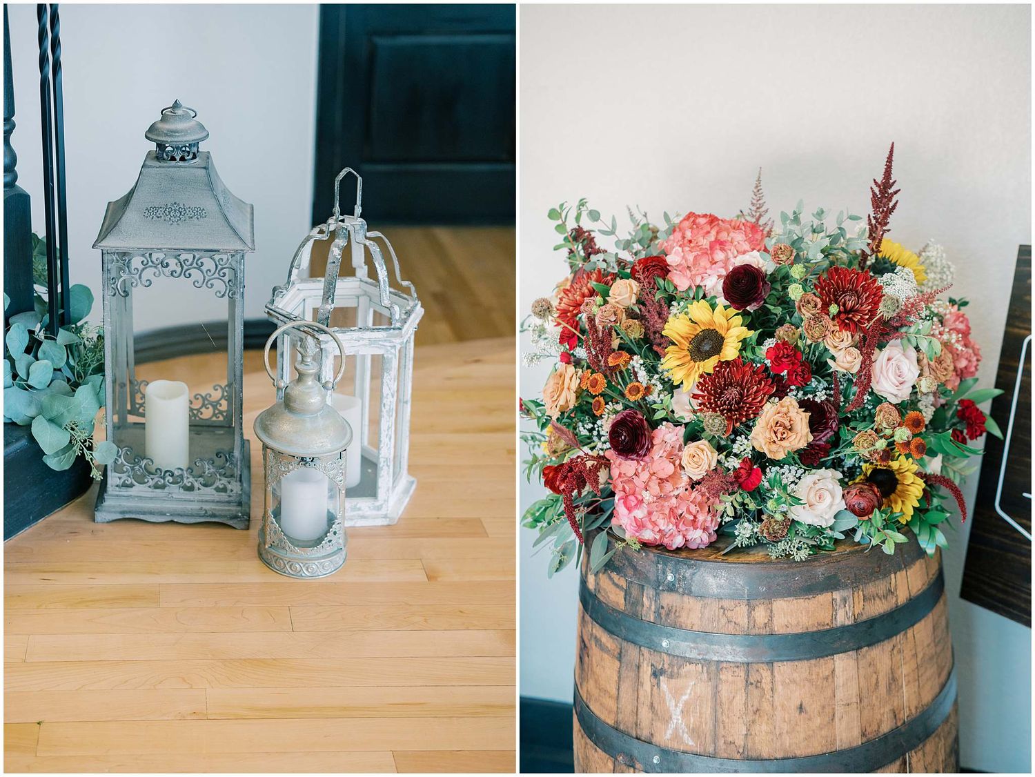 Wedding reception decor featuring rustic wooden barrels, lanterns, and colorful floral arrangements on display tables.