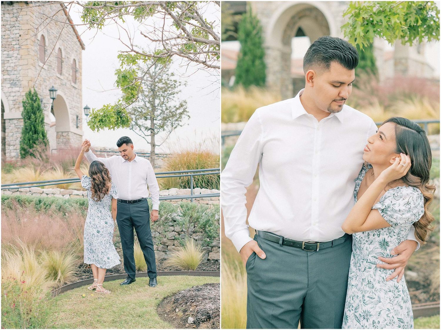 A couple poses together in a garden setting wearing coordinated formal attire for romantic portraits.