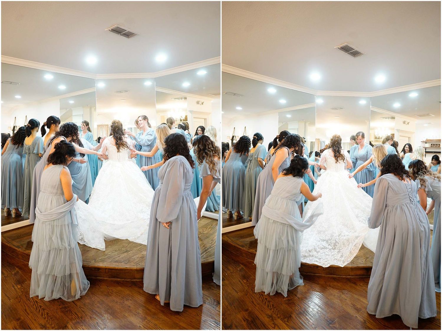 Bridesmaids in dusty blue dresses surround bride in white ball gown in bridal suite.