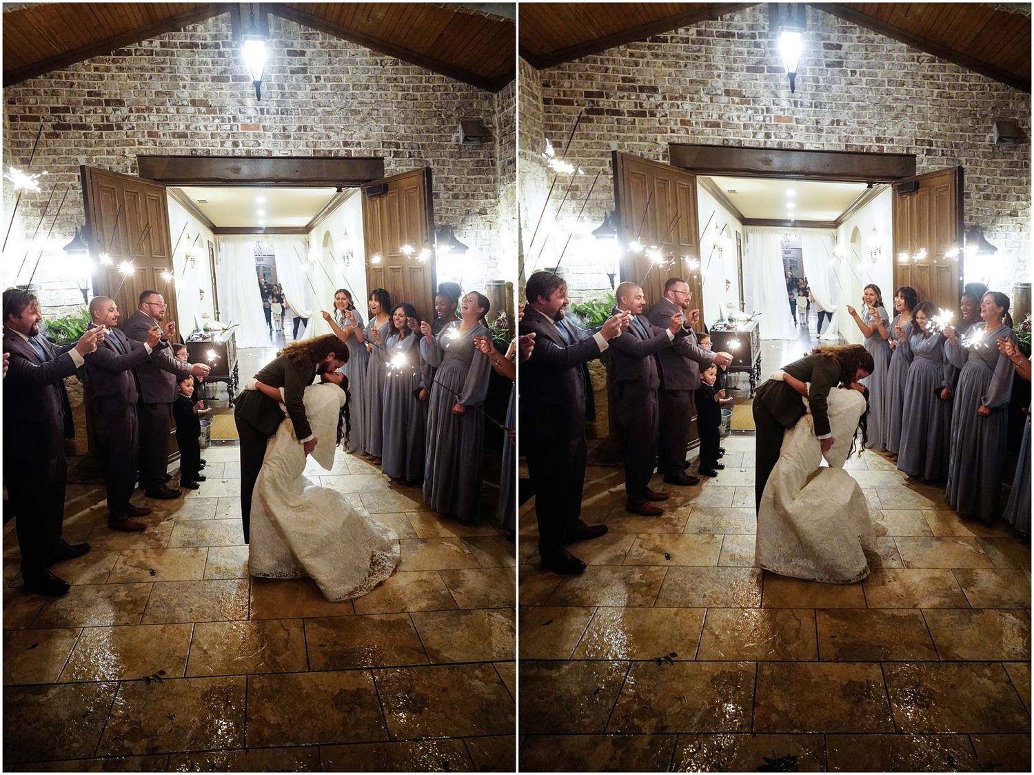 Bride and groom share a romantic dip kiss surrounded by wedding guests holding sparklers in a rustic barn venue.