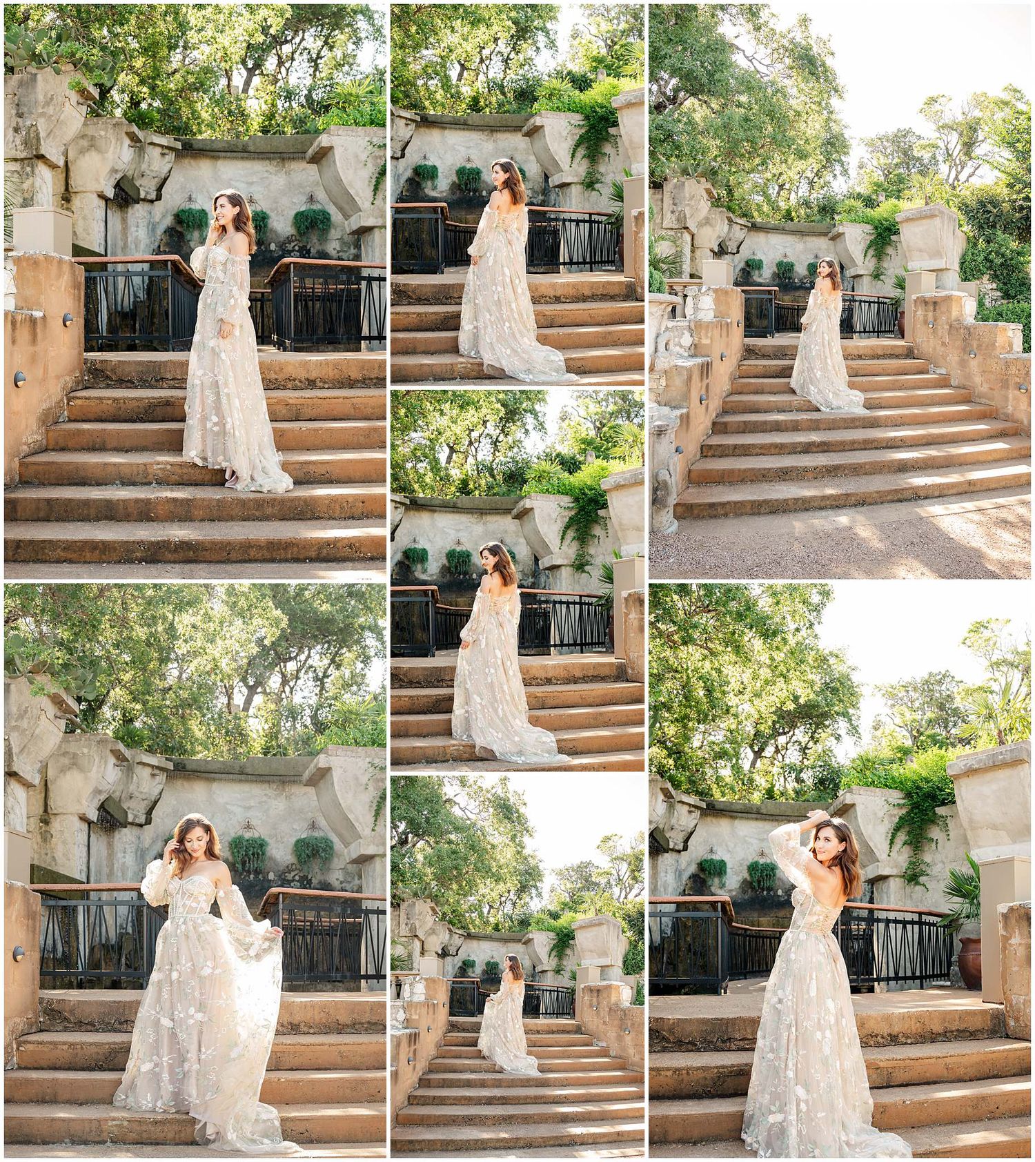 Wedding portraits captured on grand stone staircase with elegant architectural details and natural lighting.