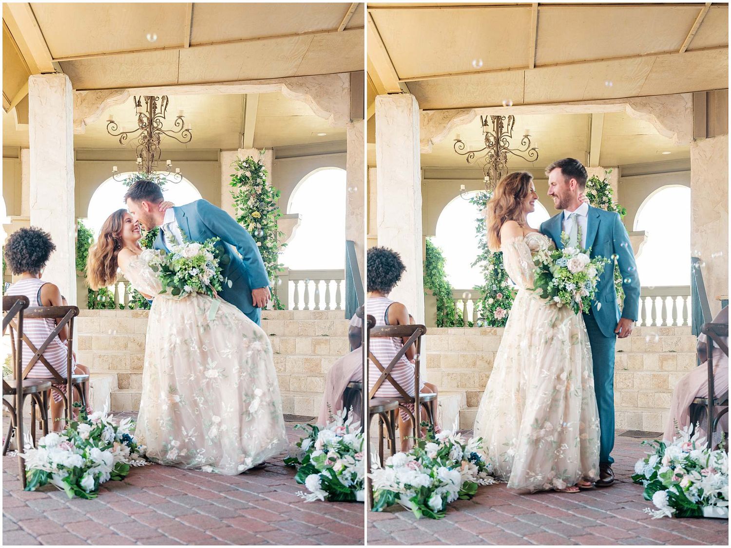 A romantic wedding photoshoot sequence showing tender moments between newlyweds on a covered porch with floral decor.