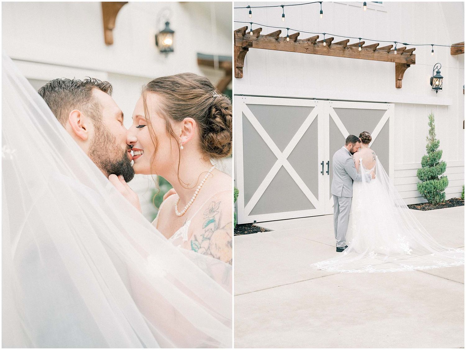 A series of elegant white barn wedding venue photos with string lights and rustic decor details.