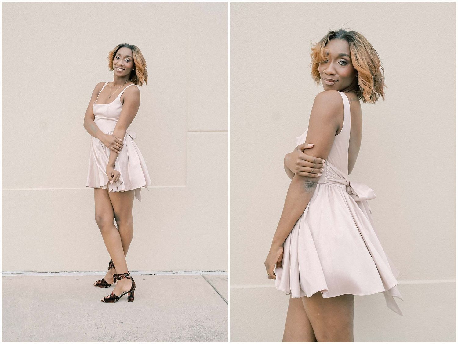 A light pink dress twirls and flows in a series of elegant movement shots against a neutral background.