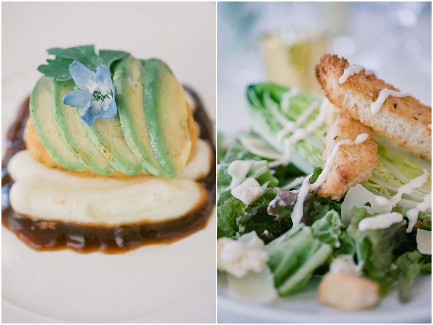 Beautifully plated salad dishes with fresh greens and garnishes at an upscale wedding reception.