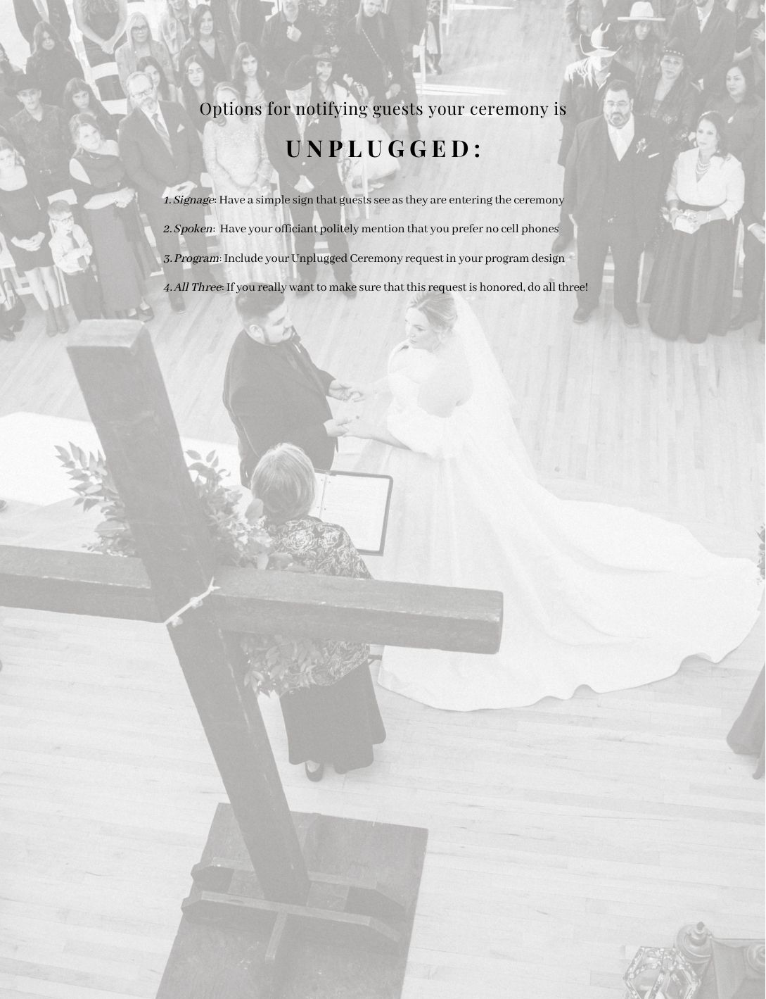 Wedding ceremony guide listing four tips for hosting an unplugged ceremony, overlaid on a soft bridal photo.