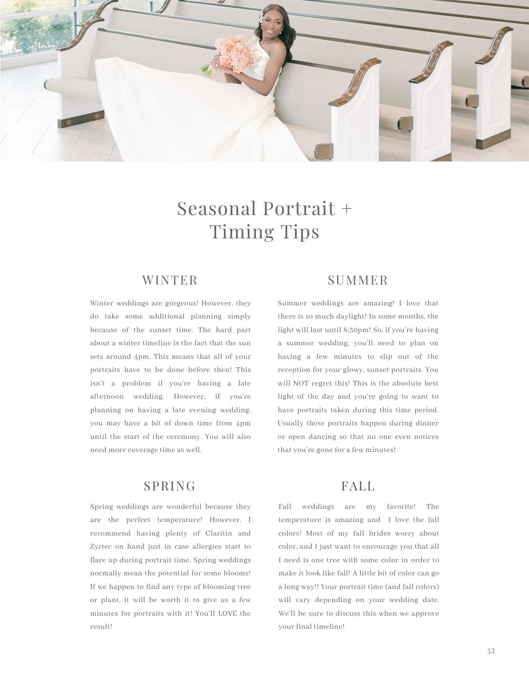 Wedding photography guide showing seasonal portrait and timing tips for winter, spring, summer, and fall weddings.
