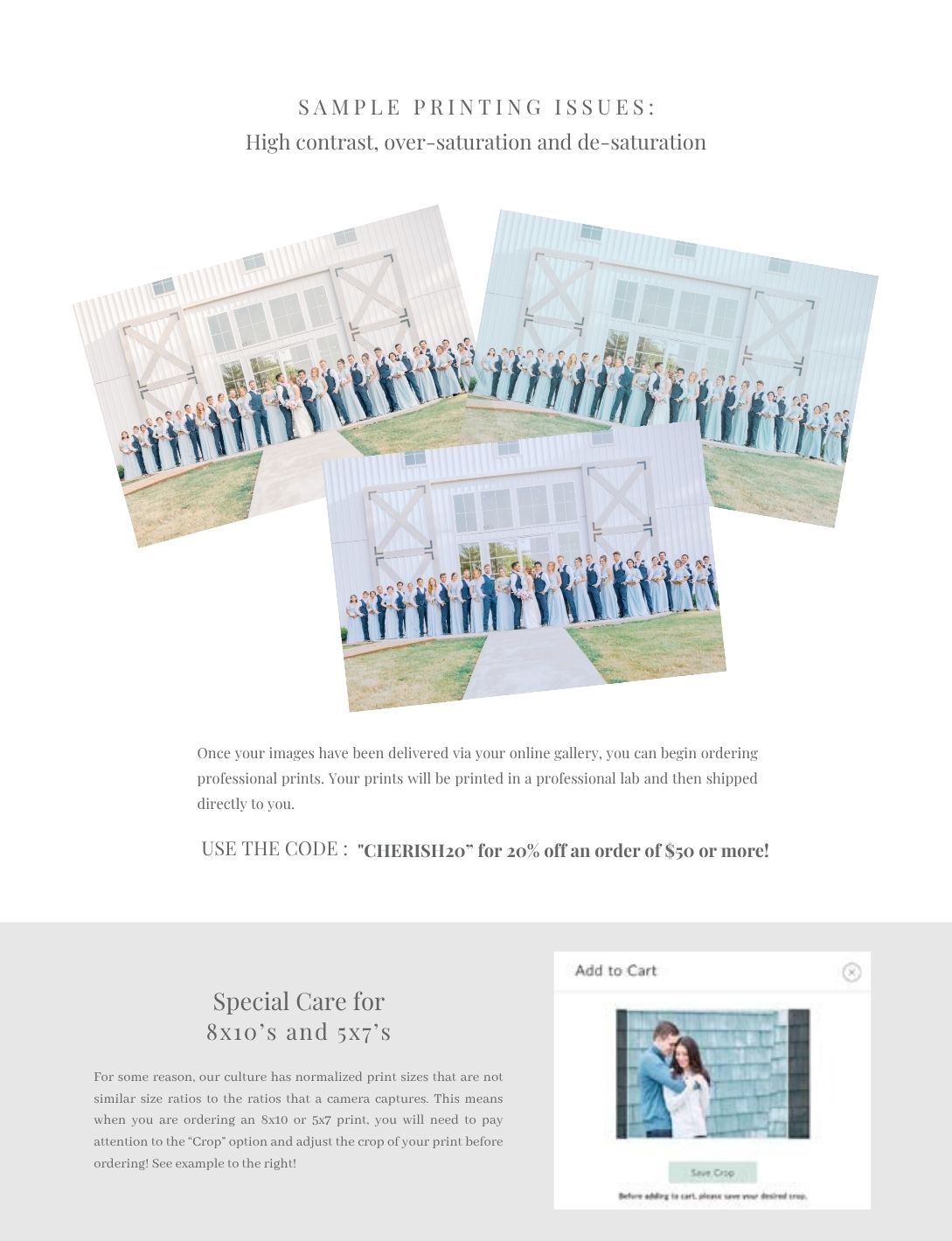Sample wedding print quality comparison showing a bridal party outside a barn venue with printing tips and discount code.