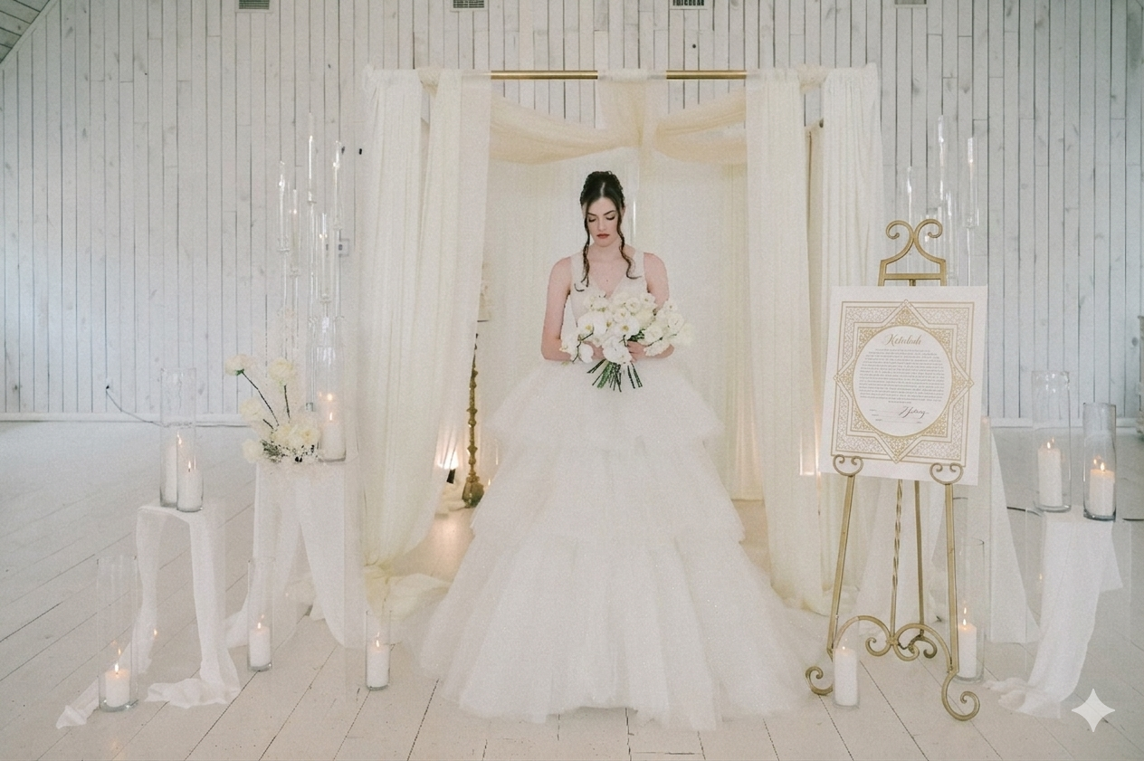 Bride in white ballgown stands before elegant draped arch with candles and floral decor in bright white wedding venue.