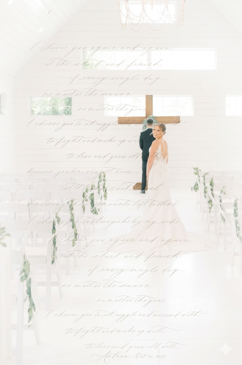 Bride and groom embracing before a wooden cross in a white chapel with greenery-lined aisle and romantic script overlay.