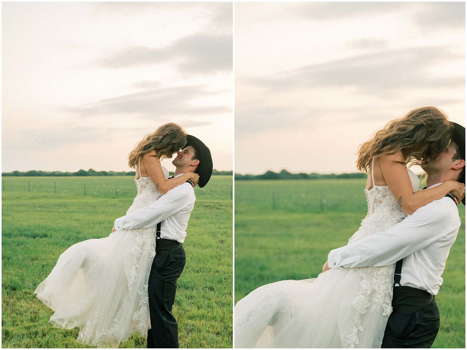 Newlyweds dancing and embracing in a lush green field during their wedding photoshoot.