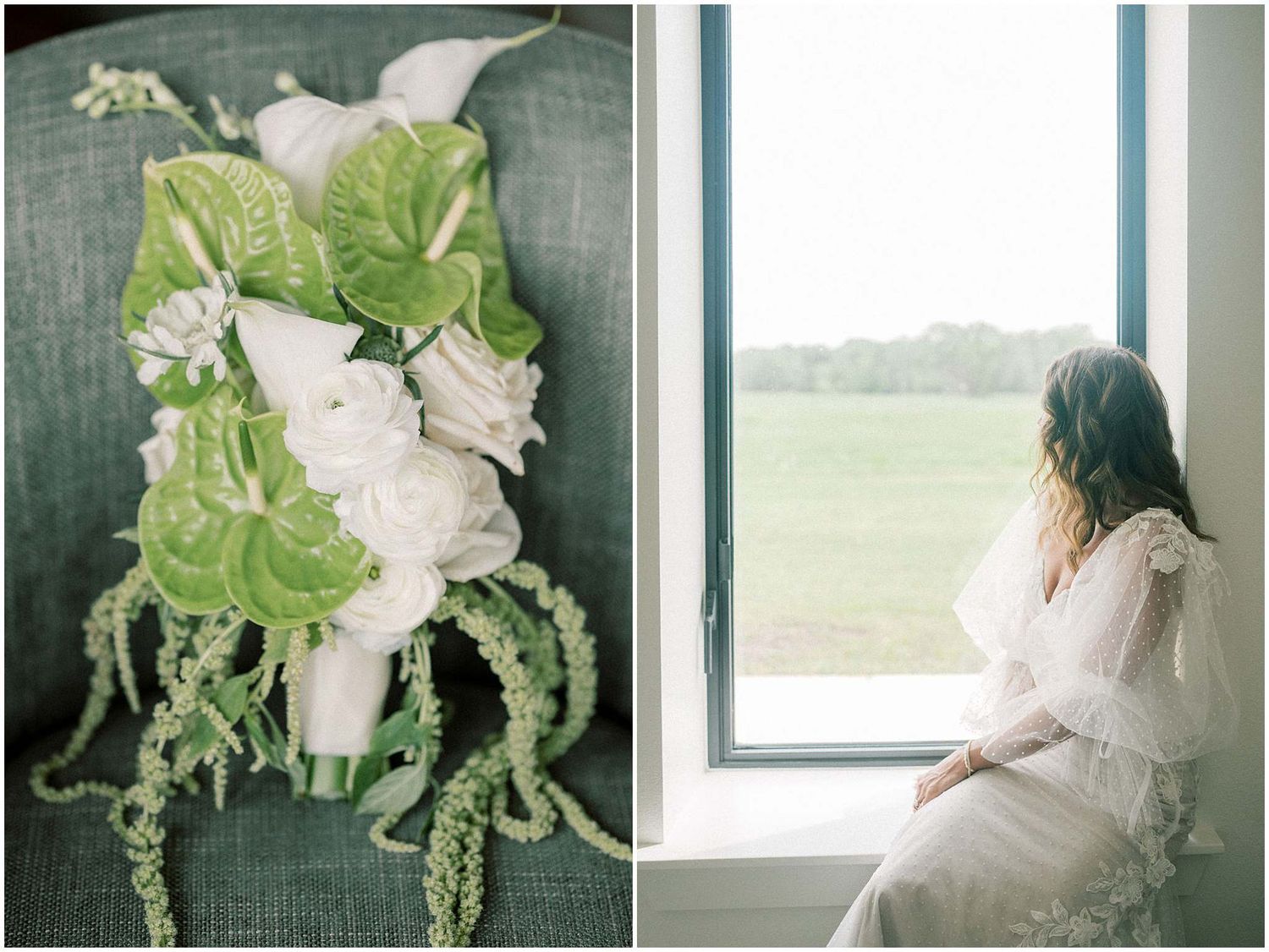 Elegant white floral arrangements with roses and greenery displayed against a window backdrop.