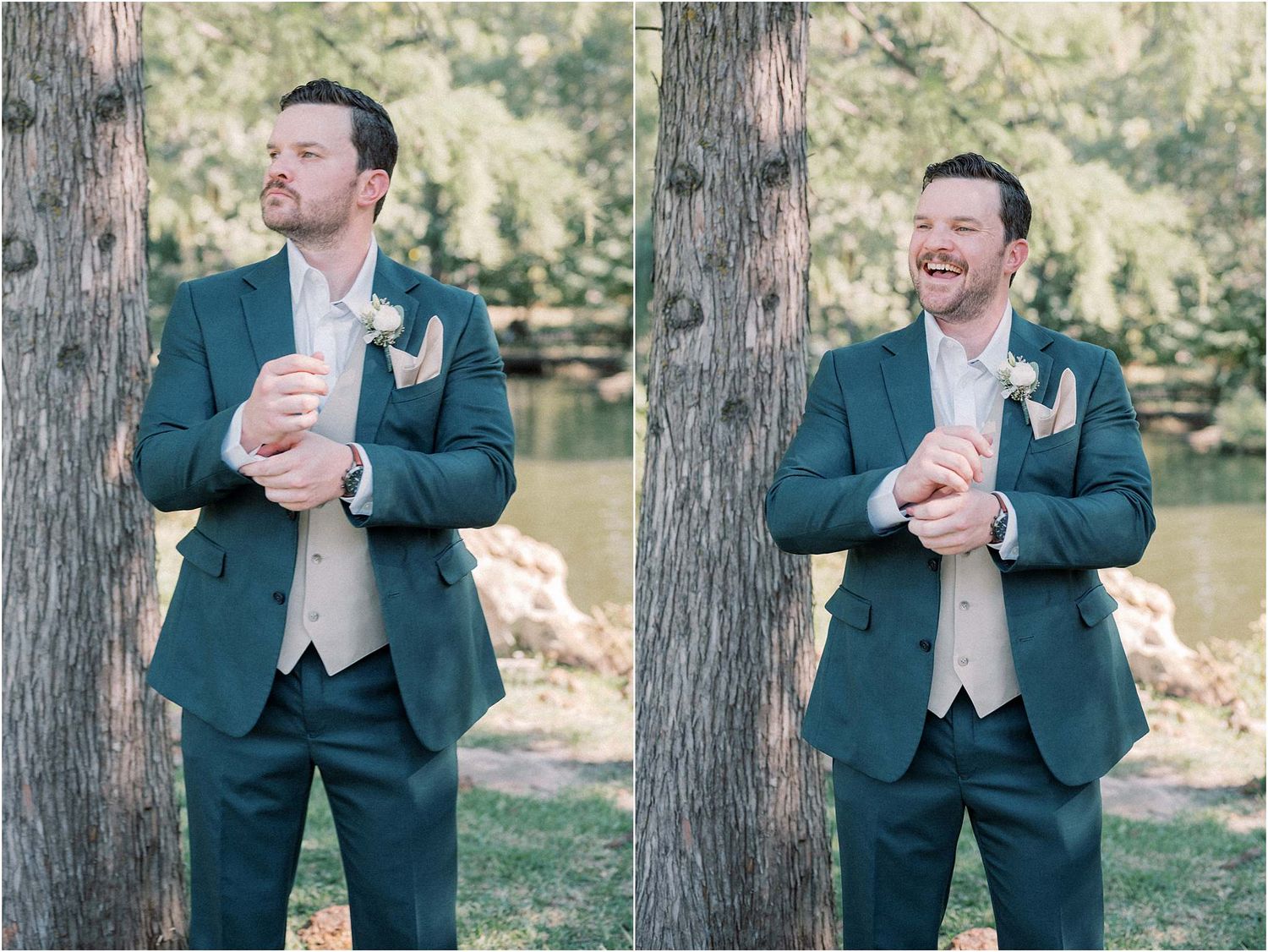 Groomsmen in navy suits share laughs during outdoor wedding photos.