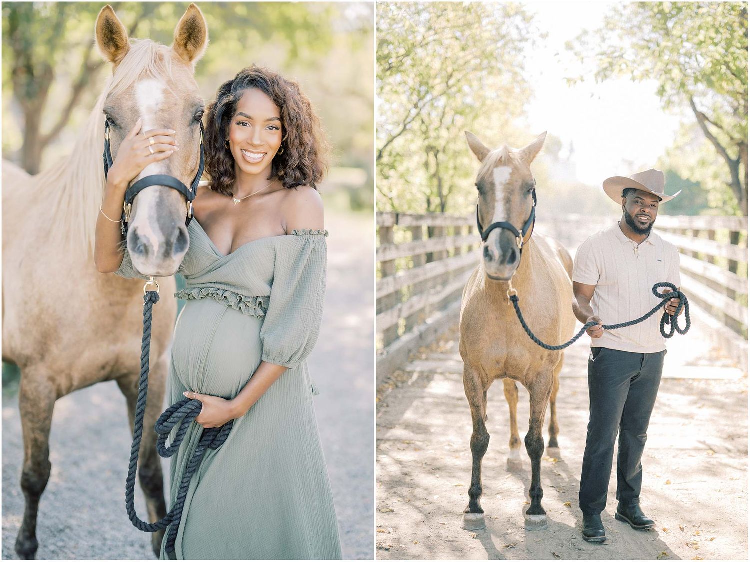 Candid engagement photos featuring a couple and their horse in a natural outdoor setting.