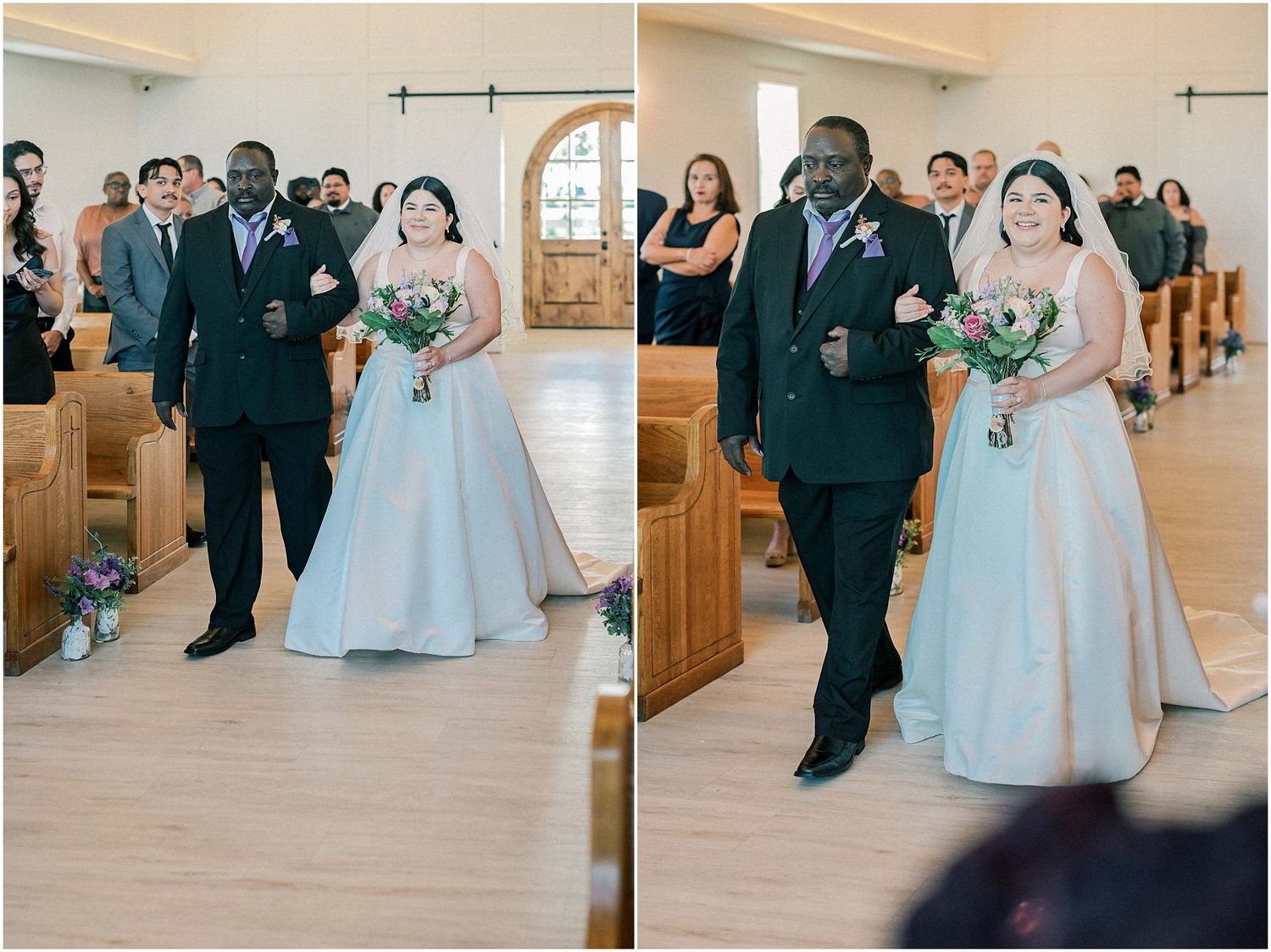 Wedding couple walking down church aisle with guests watching from pews.