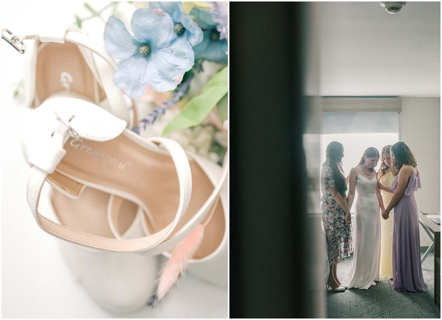 A collection of wedding detail shots showing shoes, rings, flowers, and dress details arranged in a photo collage.