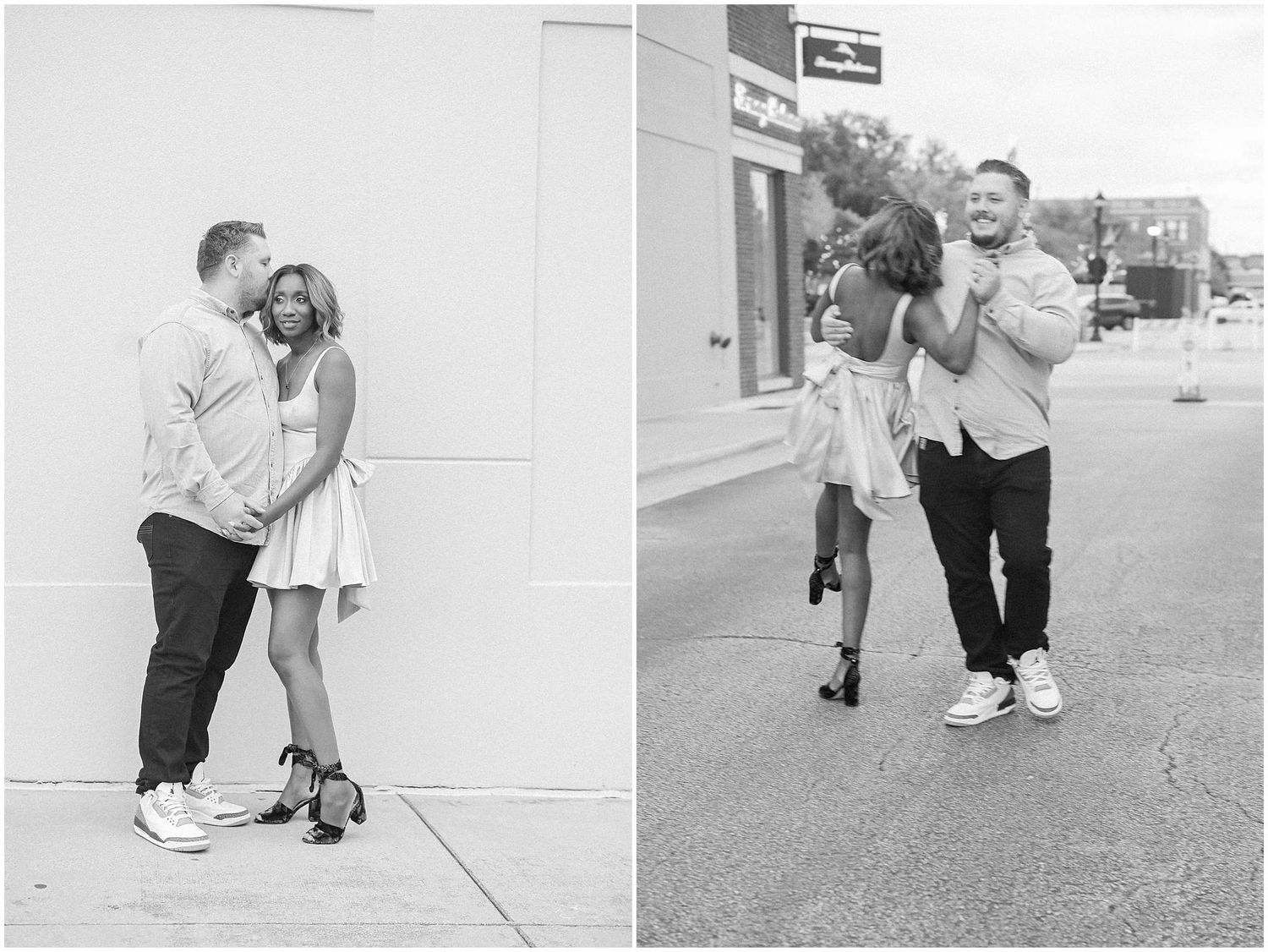 A series of black and white photos showing a couple in playful and romantic poses on a city sidewalk.