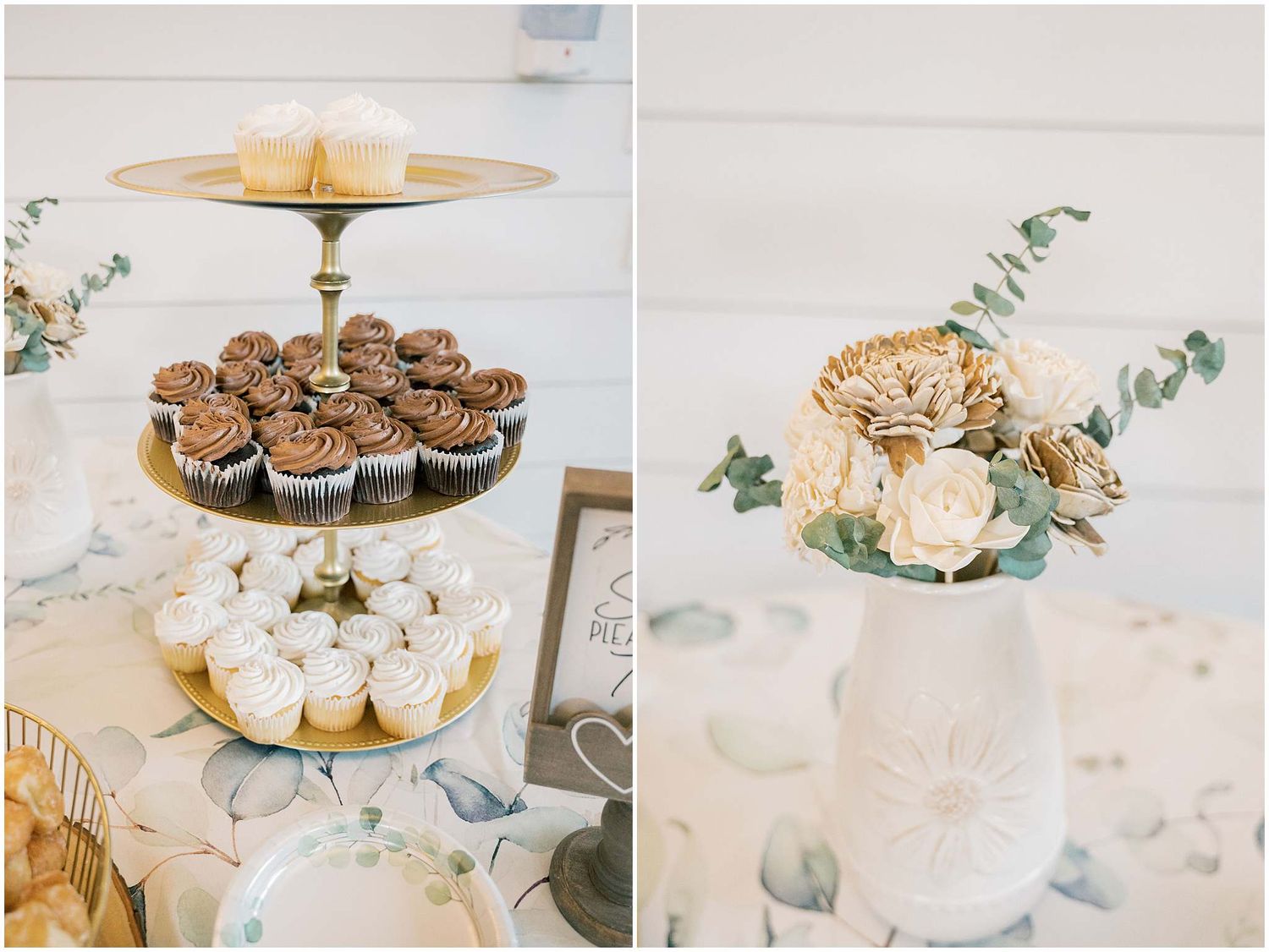 Elegant white wedding dessert table with tiered stands displaying cupcakes and pastries.