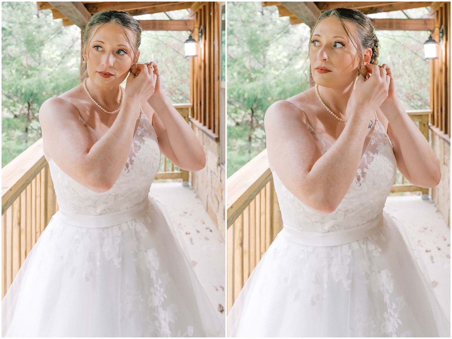 A person in a white wedding dress adjusts their earrings while standing on a rustic wooden porch.