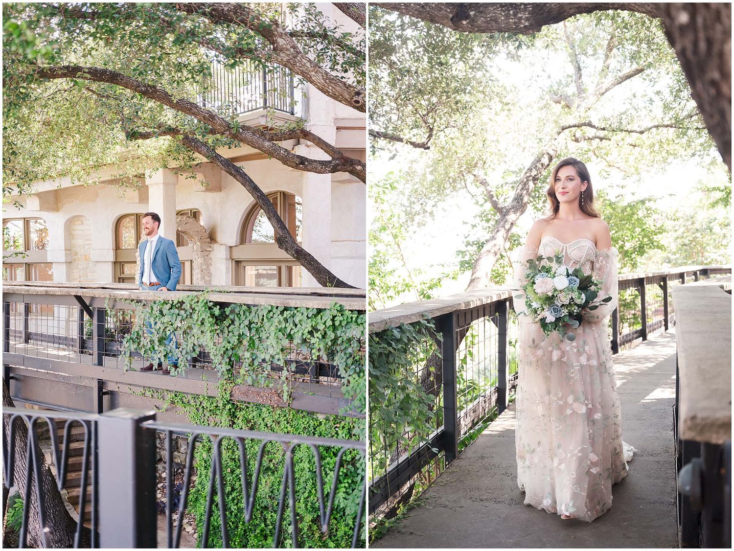 Outdoor wedding venue with rustic wooden chairs and greenery decorations along a stone pathway.