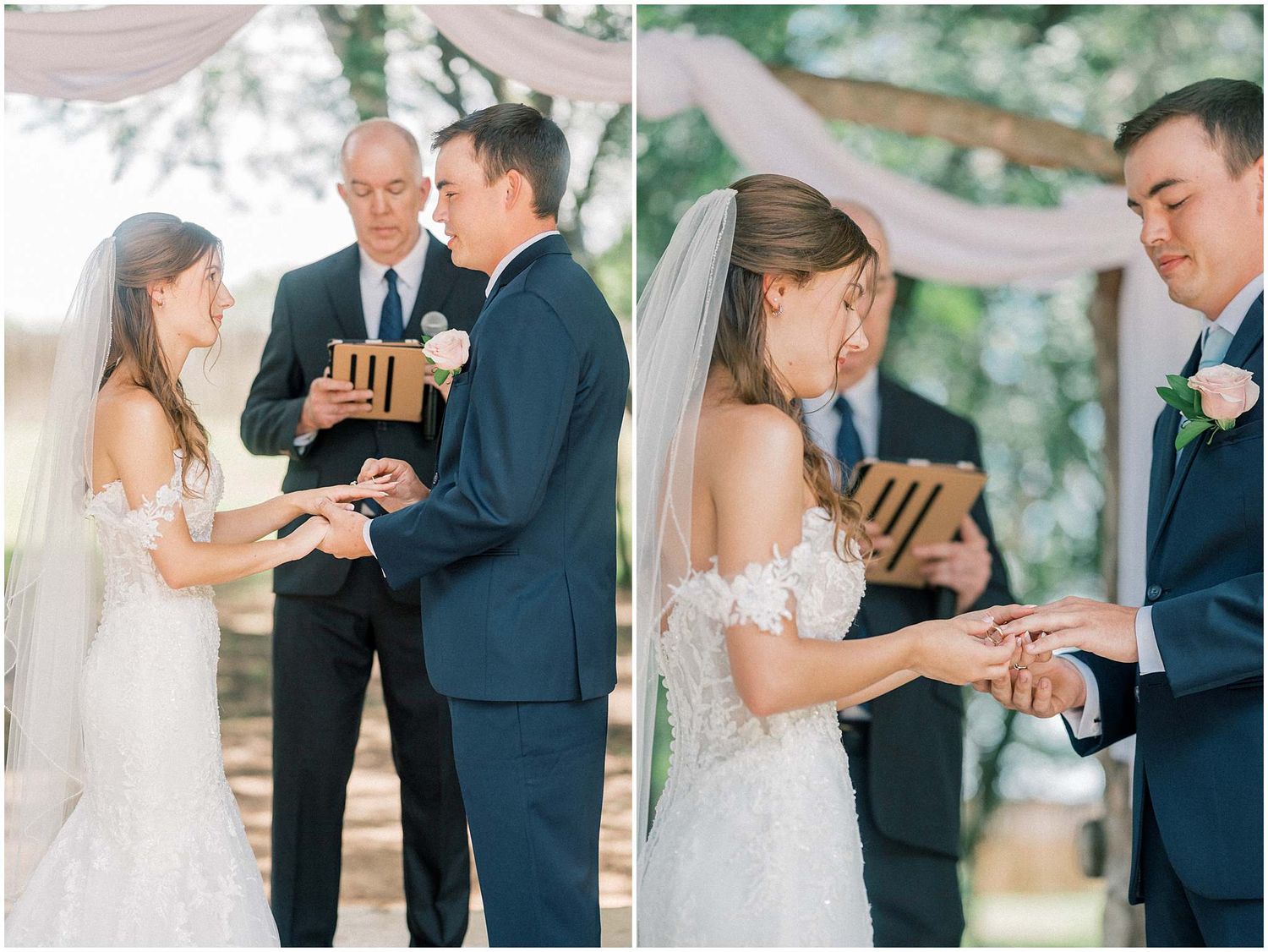 A wedding ceremony moment showing the exchange of rings between a couple in formal attire outdoors.