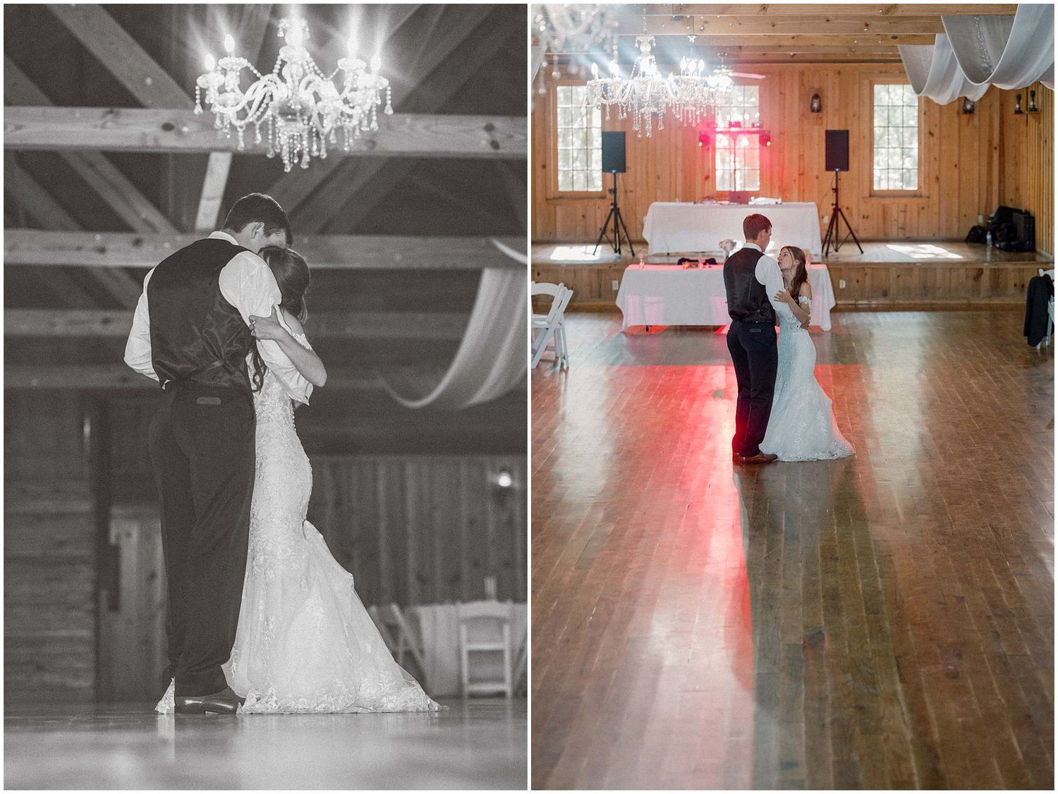 Couple dancing gracefully in an elegant ballroom with wooden floors and crystal chandeliers overhead.