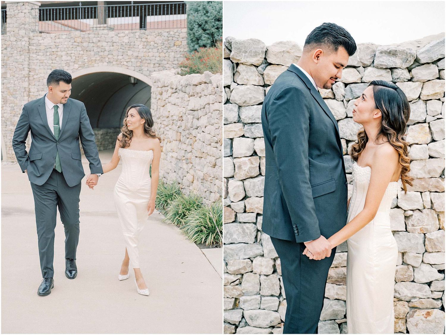 Newlyweds stroll along a rustic stone path during their wedding photoshoot.