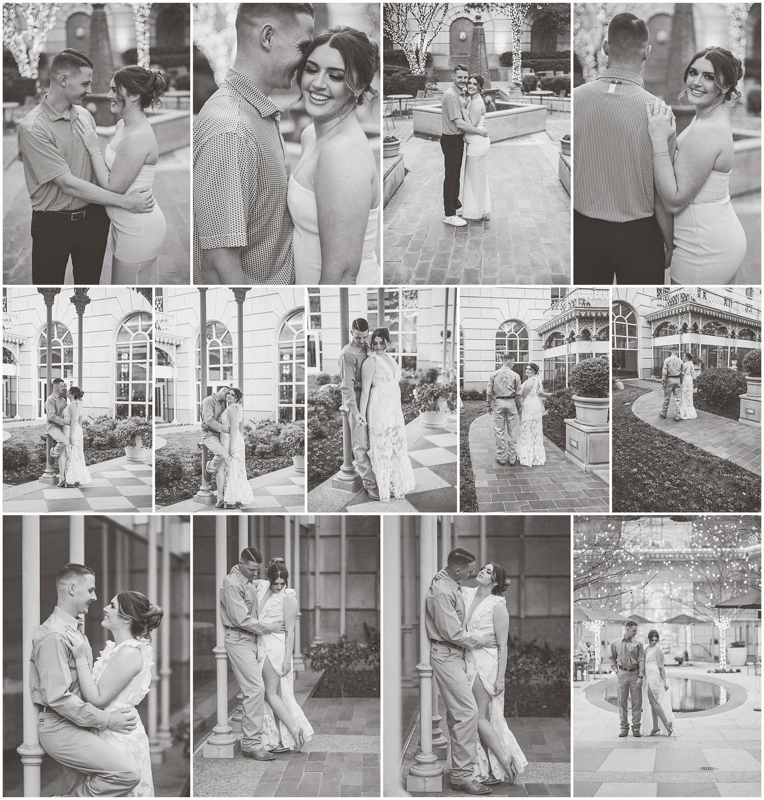 A collection of romantic black and white engagement photos taken around an elegant outdoor venue.