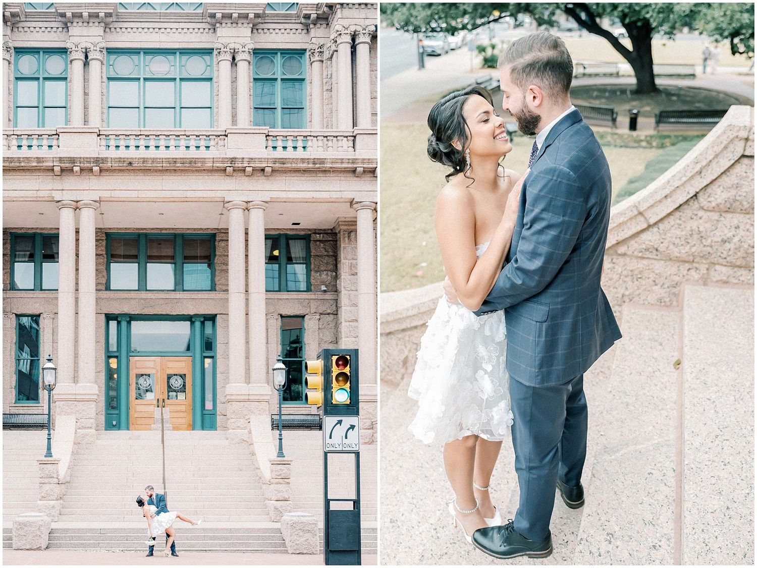 A series of romantic wedding photos showing couples embracing in front of elegant architectural buildings.