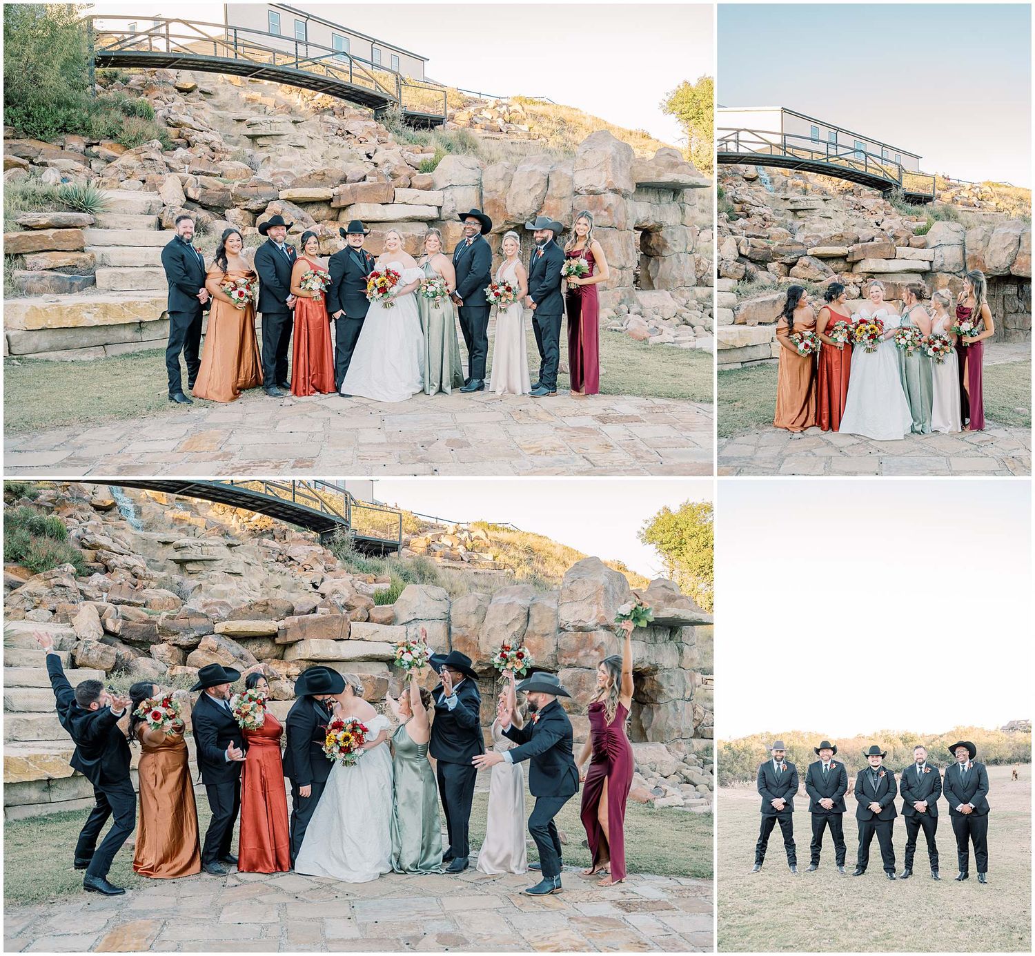 Wedding party poses for photos against natural rock formations in an outdoor setting.
