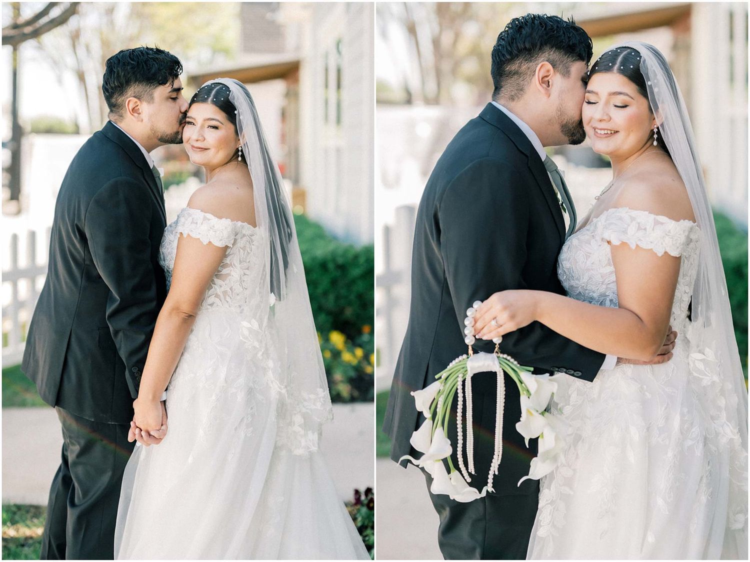 Newlyweds sharing tender moments in front of a house with beautiful landscaping.