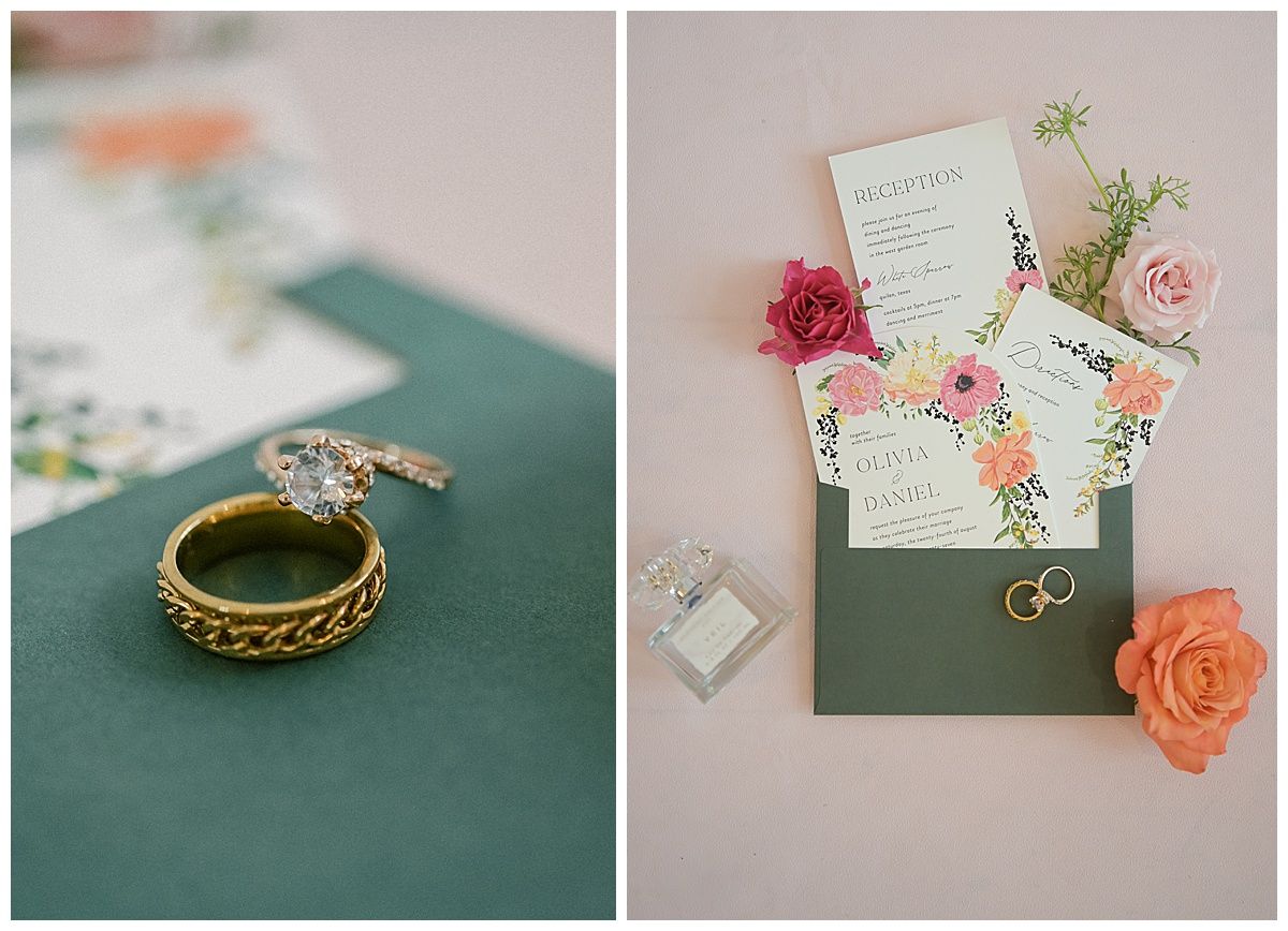 Wedding detail shots of delicate floral stationery, rings, and peach roses on a dark green velvet backdrop.