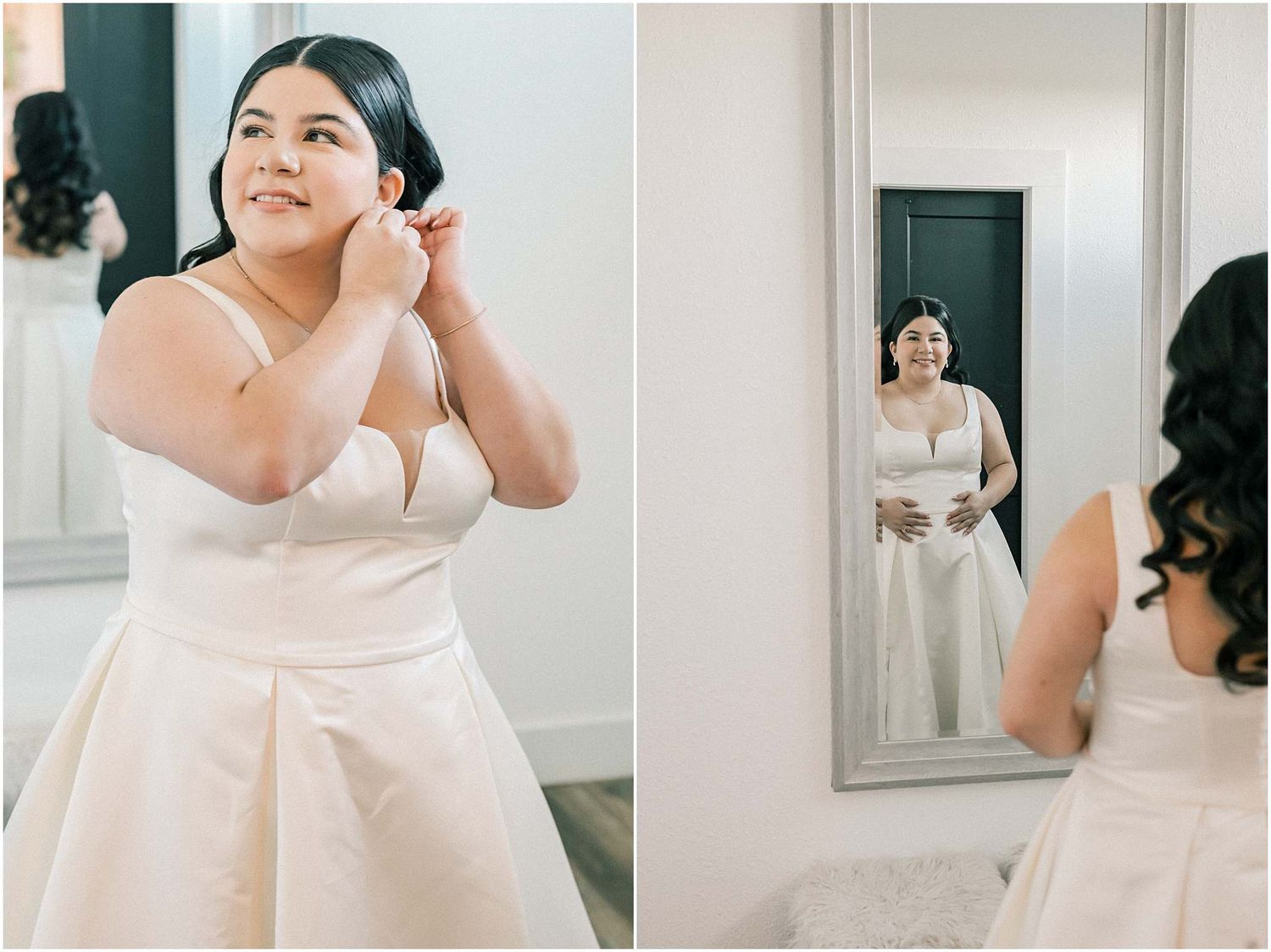 Wedding dress details showing intricate fabric and design elements in natural light.