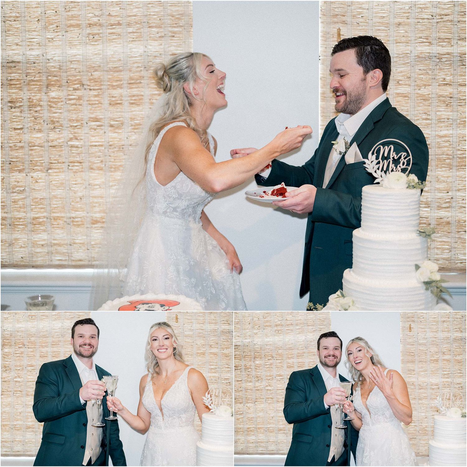 Wedding cake cutting sequence showing joyful moments between newlyweds.