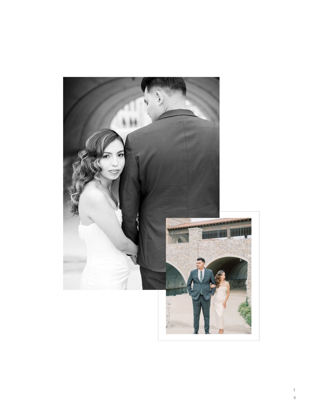Elegant dual engagement photos of couple under arched walkway in black and white and color.