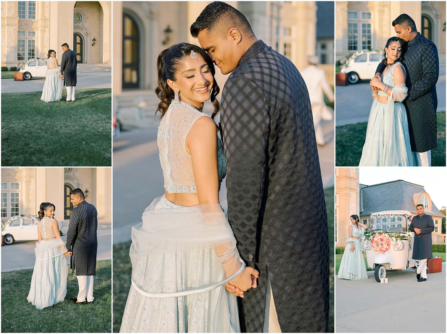 Elegant outdoor wedding portraits featuring architectural details and garden scenery.