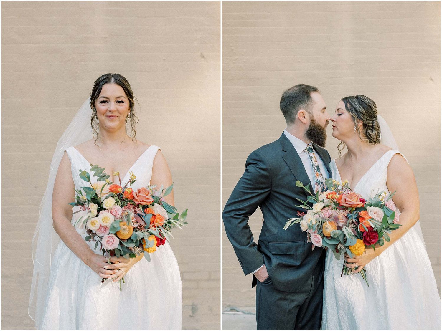 Wedding couple portraits with colorful bouquet featuring peach and coral blooms.