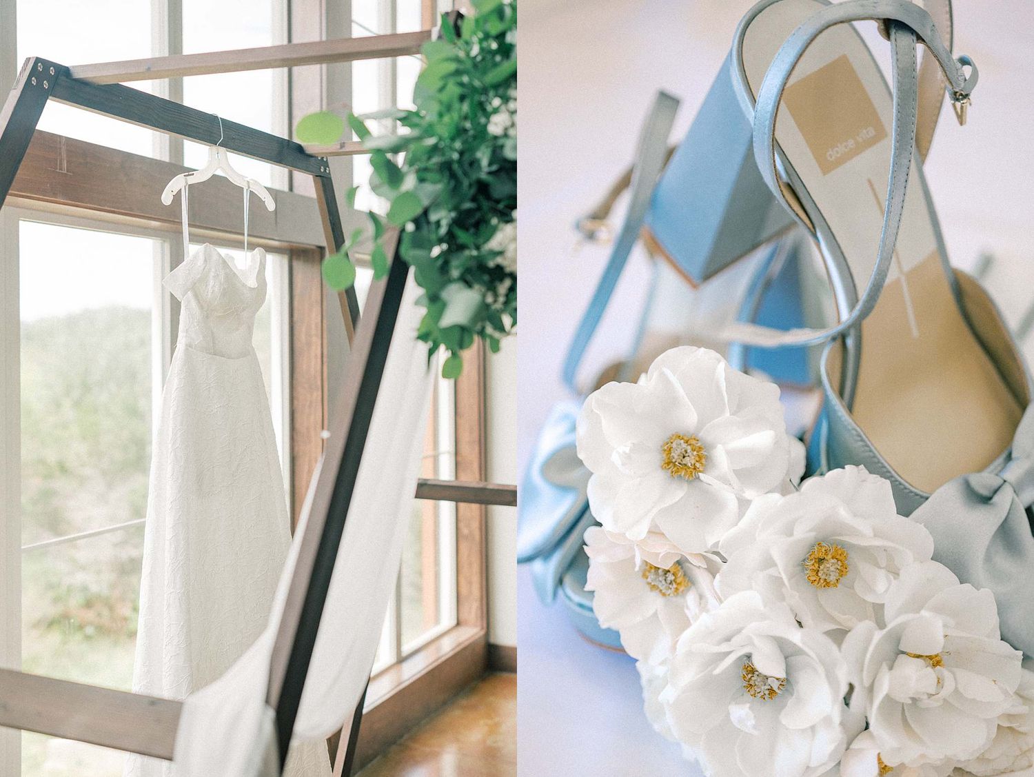 White orchids and greenery decorate a bright window setting with natural light streaming through.