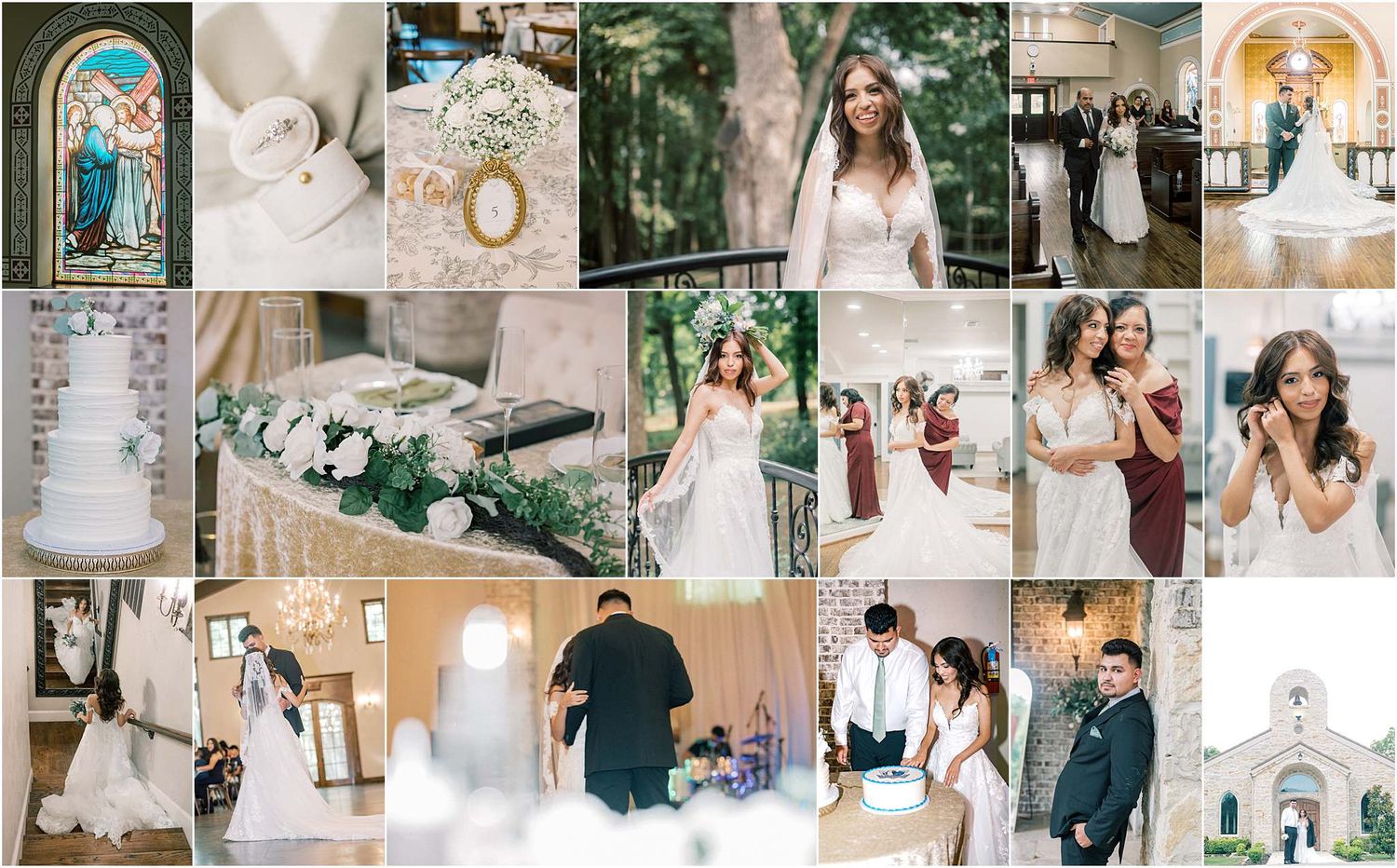 Wedding day photo collage featuring various moments and details from the celebration.