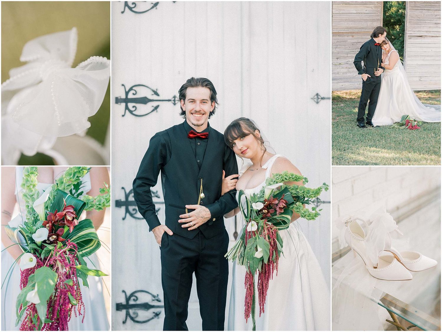 Wedding details including red floral arrangements, white shoes, and intimate couple moments.