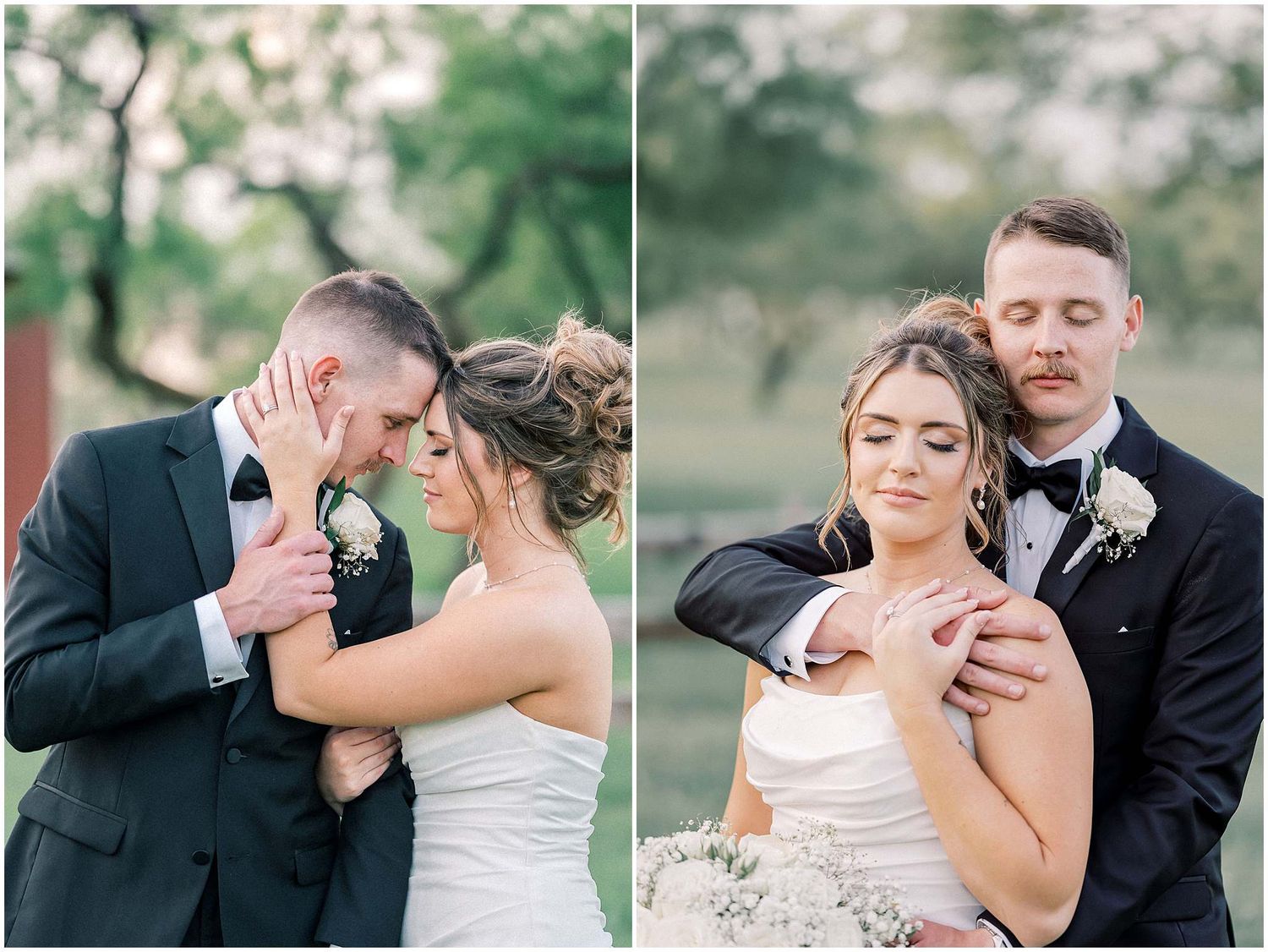 Wedding couples share intimate moments during an outdoor photo session near trees.