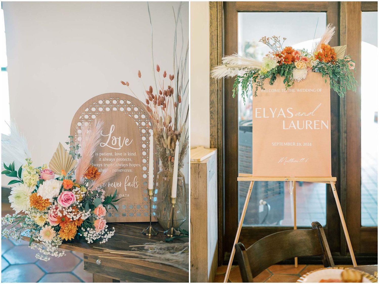 Rustic wedding signage and decorative elements with floral accents against wooden backgrounds.