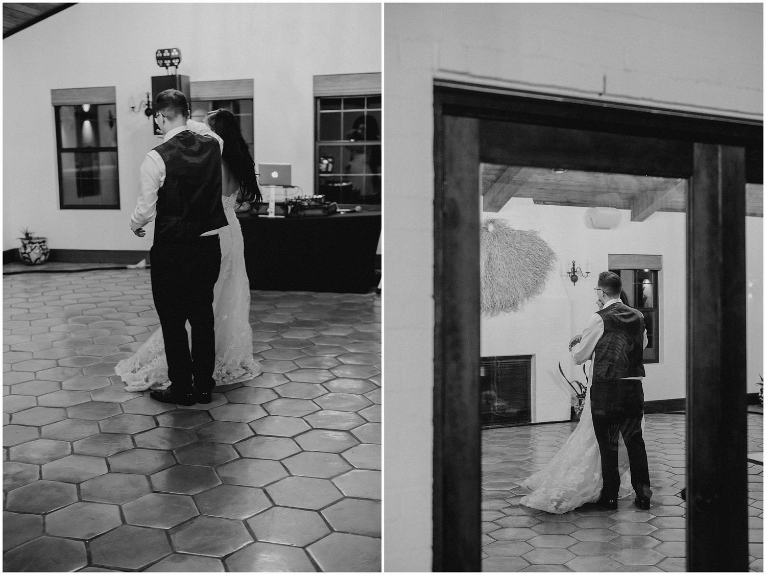 Black and white photos show couples dancing on a geometric tiled floor.