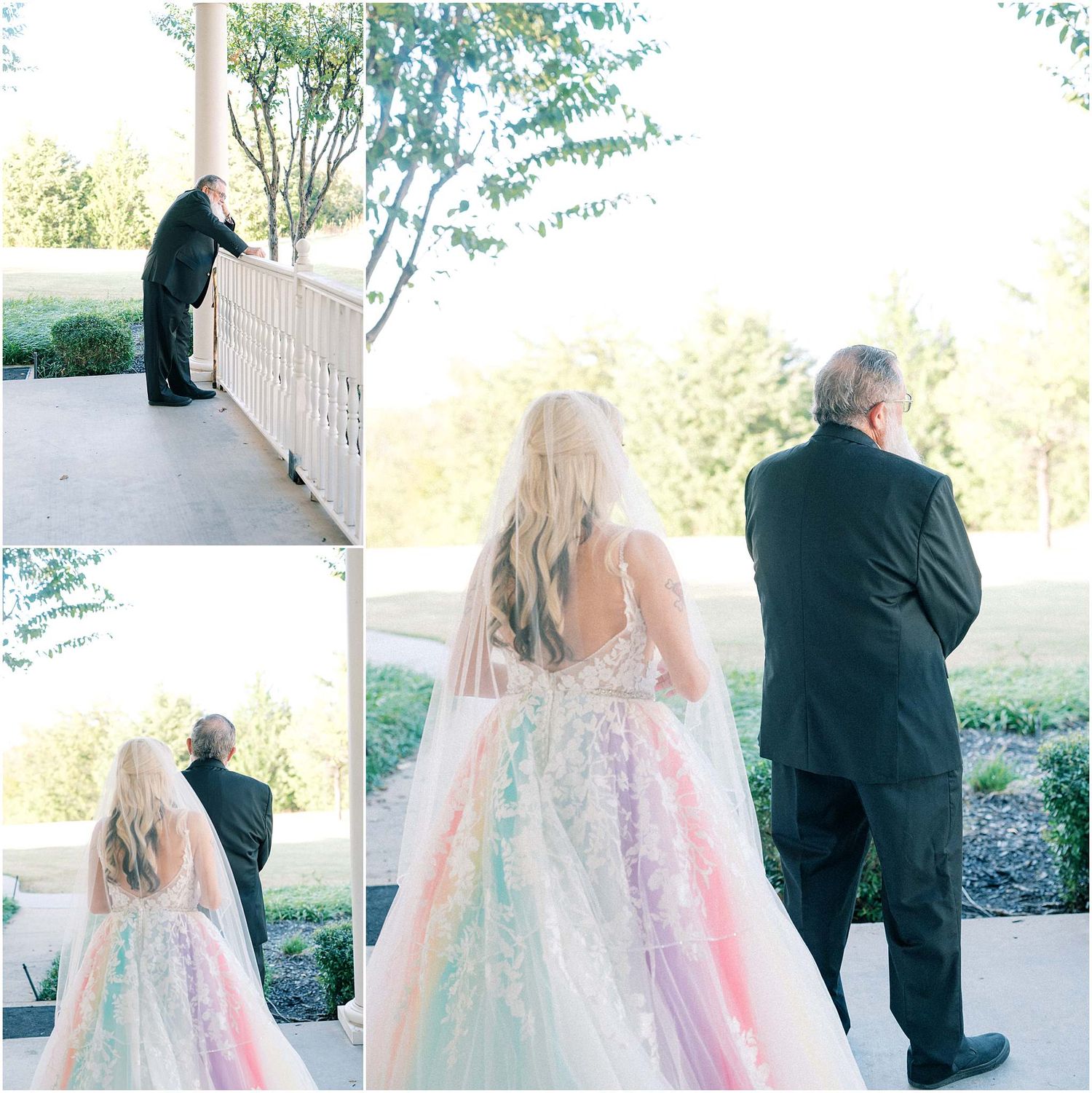 Outdoor wedding photos featuring a flowing white gown and formal attire against natural scenery.