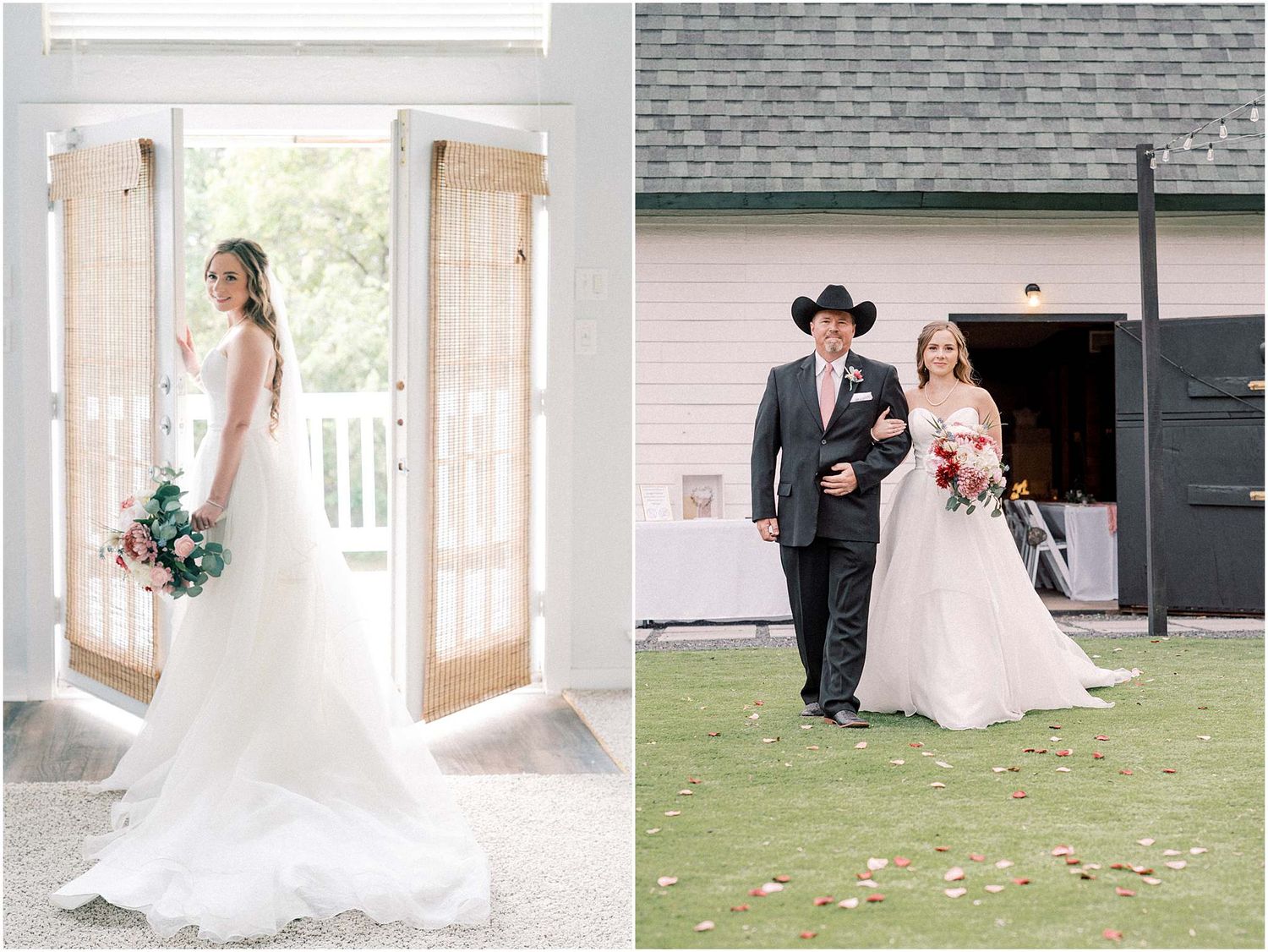 Wedding ceremony venue with white decor and elegant doorway entrance.