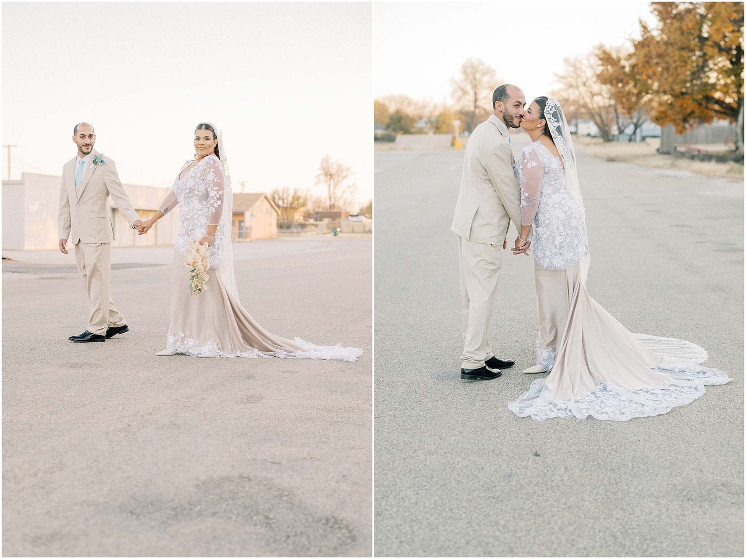 Golden hour wedding photography captures romantic moments between couple in desert setting.
